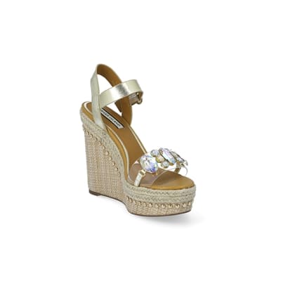 360 degree animation of product Beige embellished perspex wedge sandals frame-18