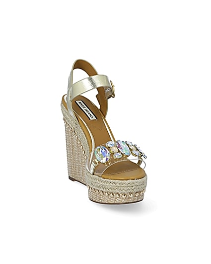 360 degree animation of product Beige embellished perspex wedge sandals frame-19