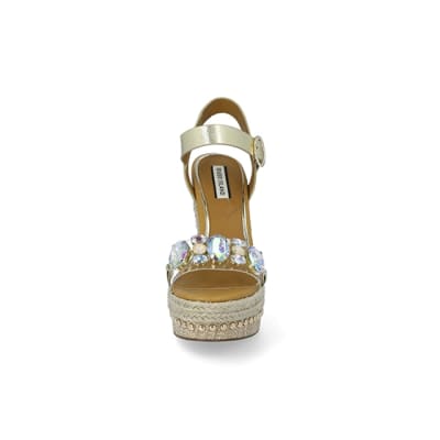 360 degree animation of product Beige embellished perspex wedge sandals frame-21