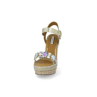 360 degree animation of product Beige embellished perspex wedge sandals frame-22