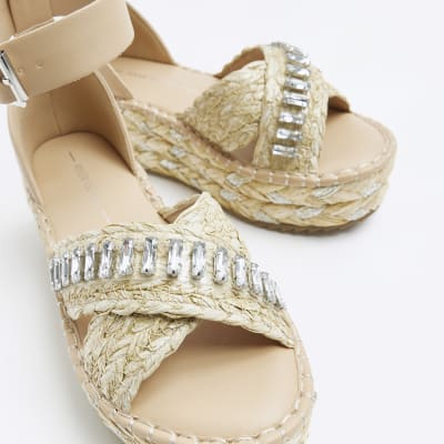Beige embellished wedge sandals | River Island