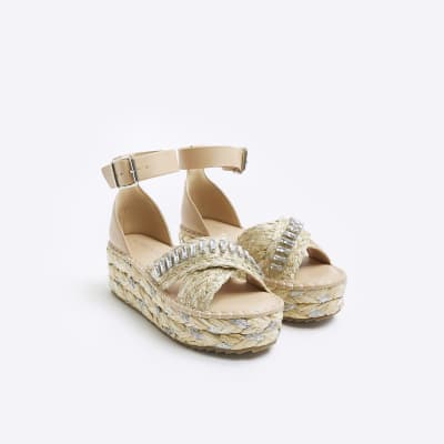 Beige embellished wedge sandals | River Island