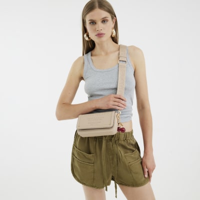 Beige Embossed Flap Cross Body Bag