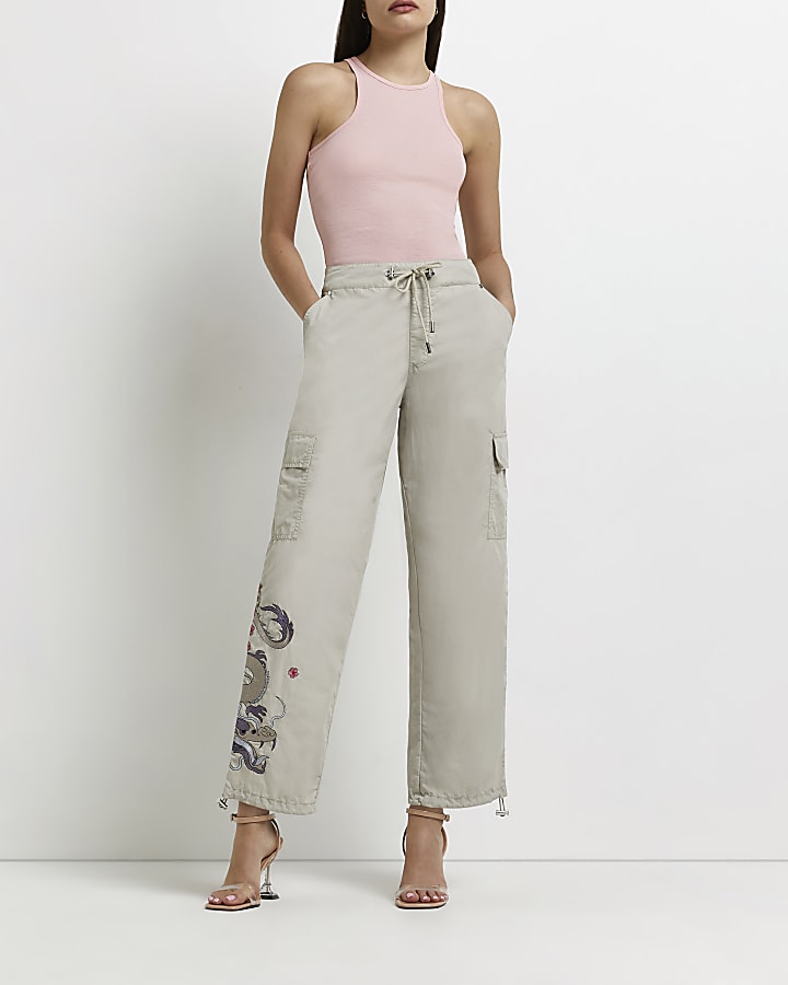 Beige embroidered cargo trousers