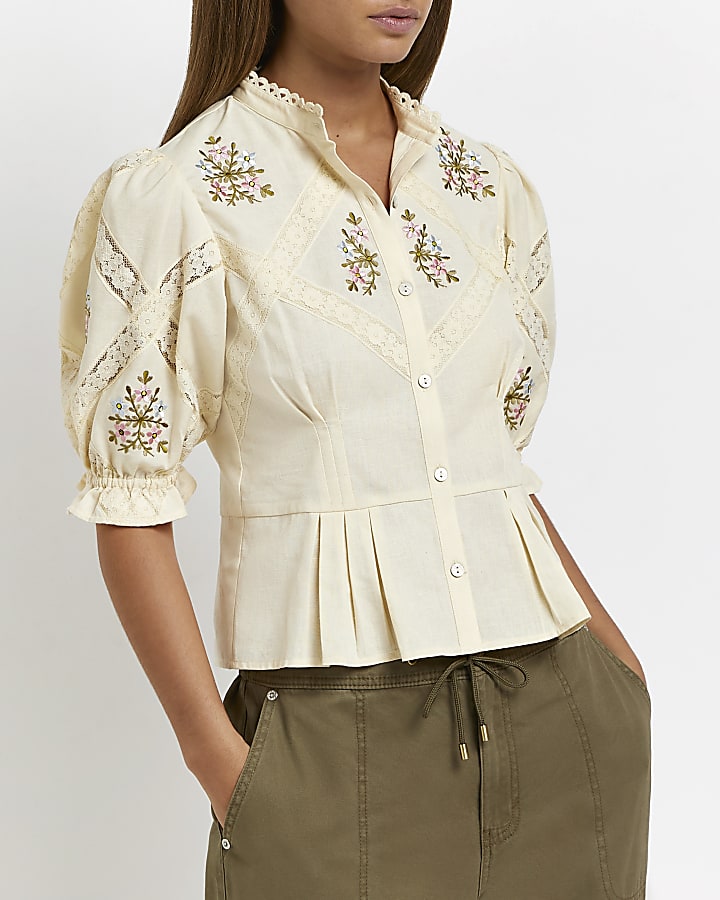 Beige embroidered floral shirt