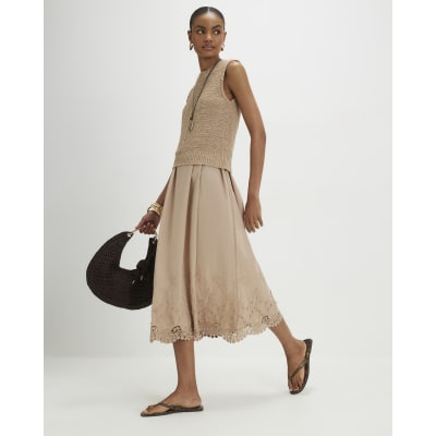 River Island Beige Embroidered Hem Knitted Hybrid Dress