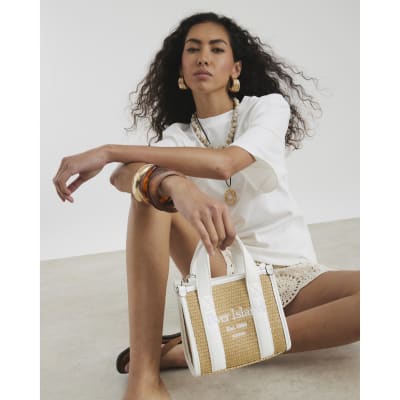Beige Embroidered Mini Raffia Tote