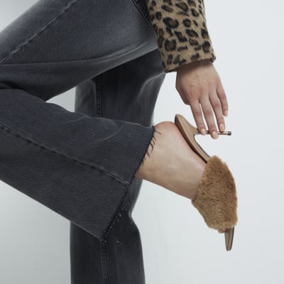 Beige Faux Fur Heeled Mules