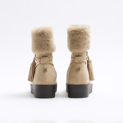 Beige faux fur lining wedge boots River Island