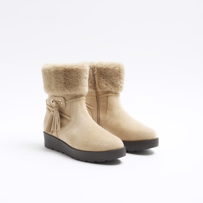 Beige faux fur lining wedge boots River Island
