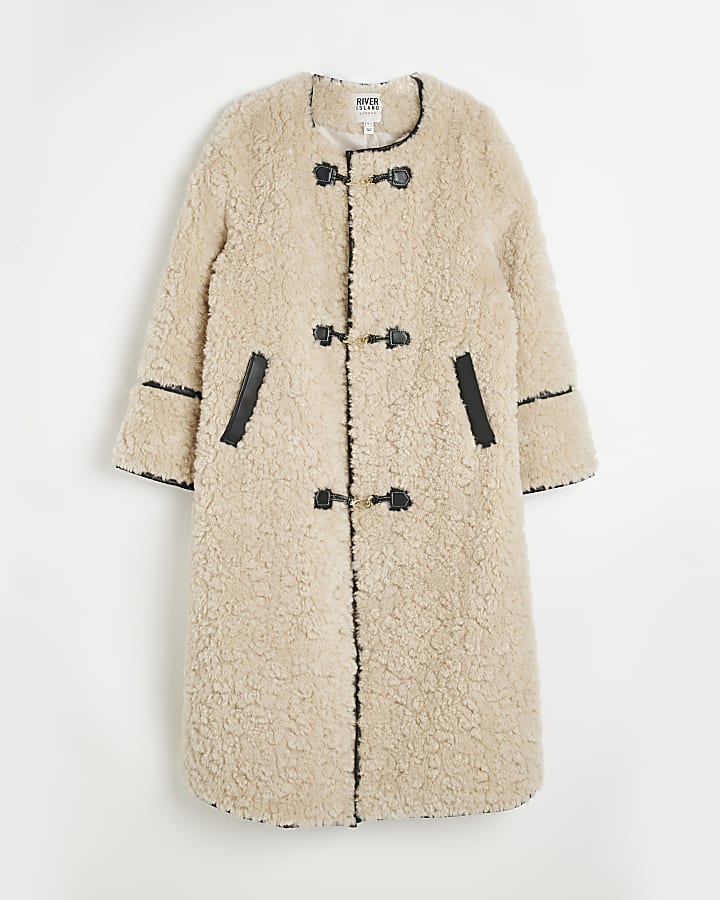 Beige faux fur longline coat