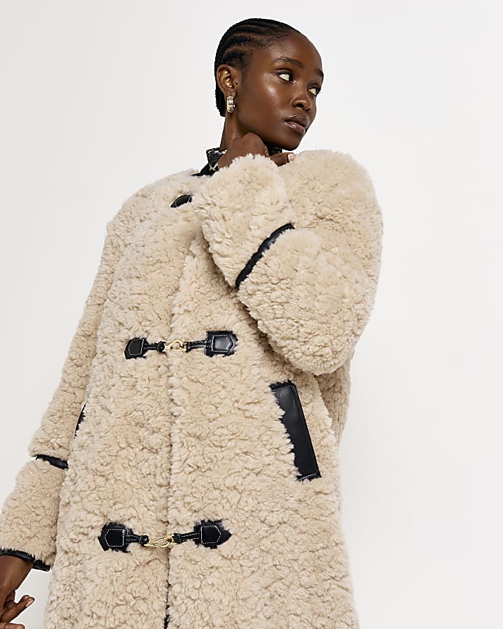 Beige faux fur longline coat