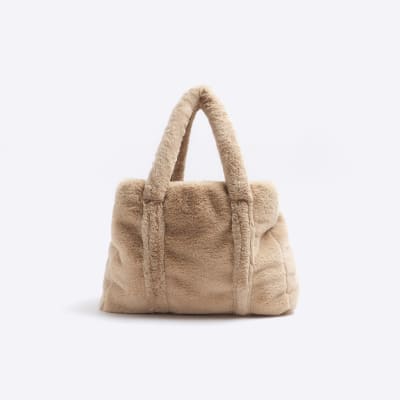 Beige faux fur shopper bag | River Island