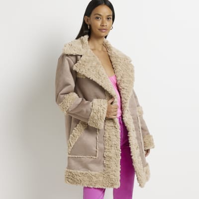 river island beige faux fur coat