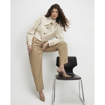 Beige Faux Leather Barrel Leg Trousers