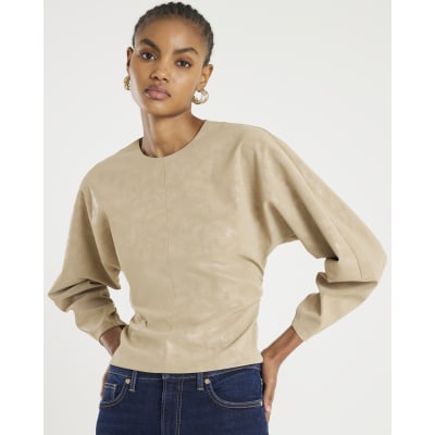 Beige Faux Leather Batwing Long Sleeve Top