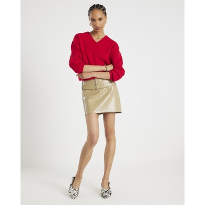 Beige Faux Leather Belted Mini Skirt