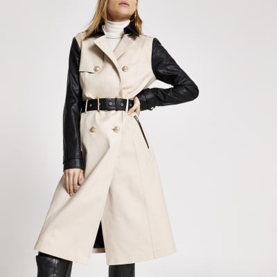 Beige Faux Leather Blocked Belted Trench Coat River Island