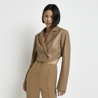 Beige faux leather crop blazer