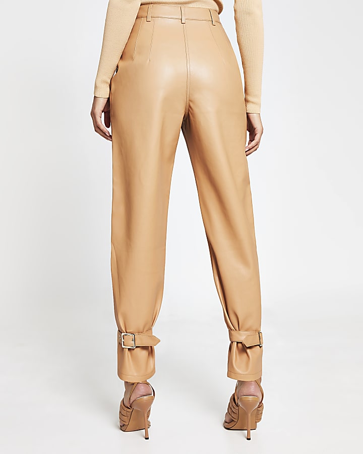 Beige faux leather cuff high waist trousers