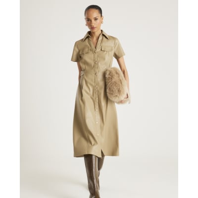 Beige Faux Leather Midi Shirt Dress