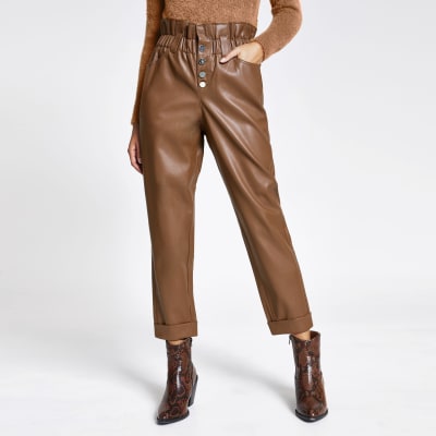 brown faux leather trousers