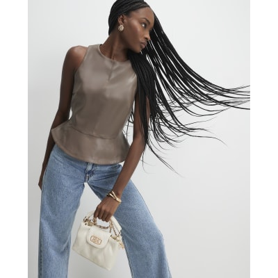 Beige Faux Leather Peplum Top