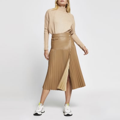 Beige faux leather pleated midi skirt River Island