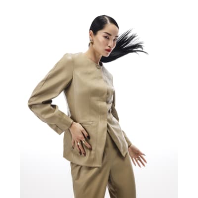 Beige Faux Leather Sculpted Blazer