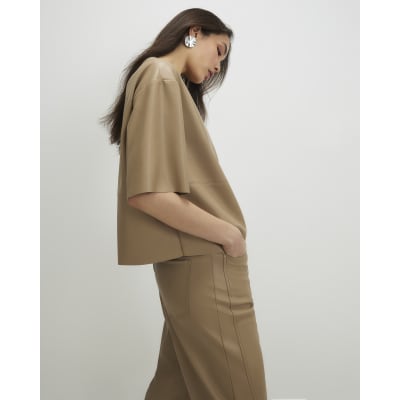 Beige Faux Leather Seam Detail T-shirt