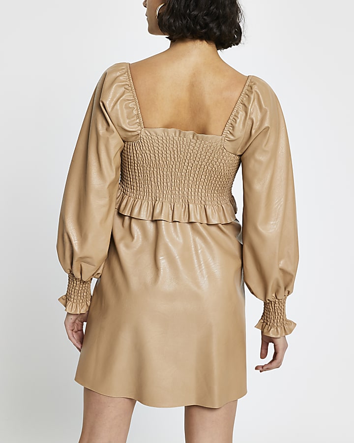 Beige faux leather shirred mini dress