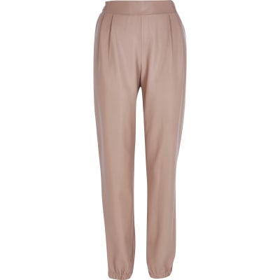 beige leather joggers