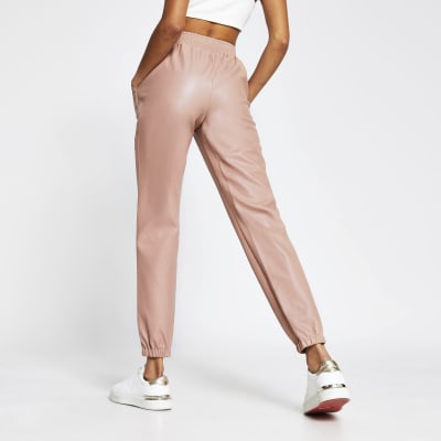 beige leather joggers
