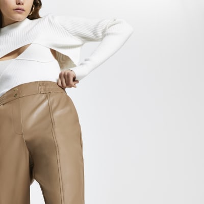 Beige faux leather slim leg joggers