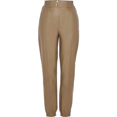 Beige faux leather slim leg joggers