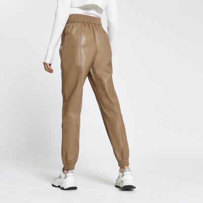 Beige faux leather slim leg joggers