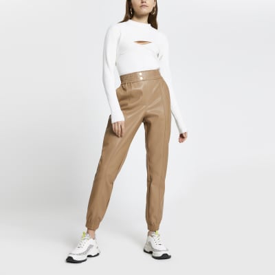 Beige faux leather slim leg joggers