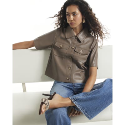 Faux Leather Utility Pocket Front Shirt