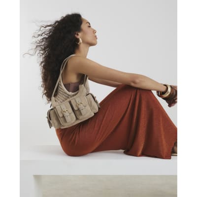 Beige Faux Suede Buckle Pocket Utility Bag