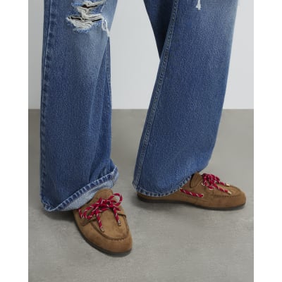 Beige Faux Suede Red Tie Boat Shoes