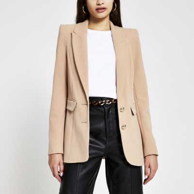 Beige fitted shoulder breasted blazer | River Island