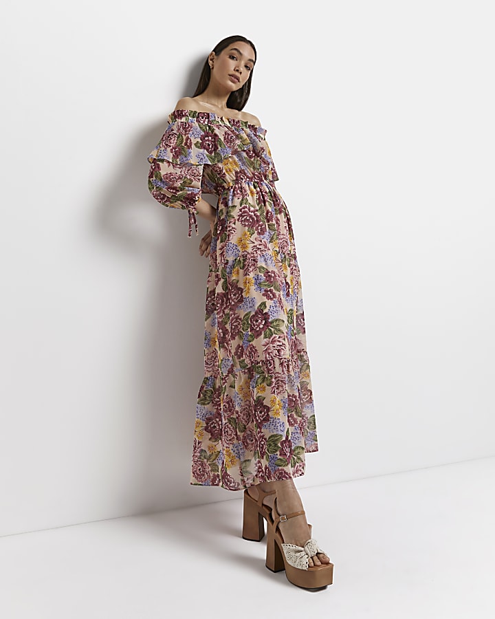 Beige floral bardot maxi dress