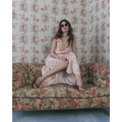 River Island Beige Floral Corsage Tiered Maxi Dress