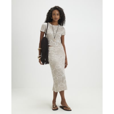 Beige Floral Embroidered Midi Skirt