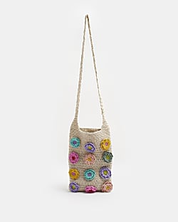 Beige flower crochet cross body bag