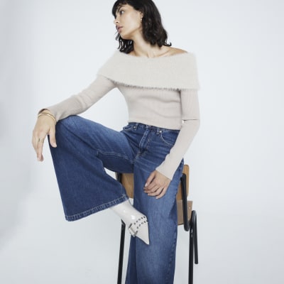 Beige Fluffy Bardot Jumper
