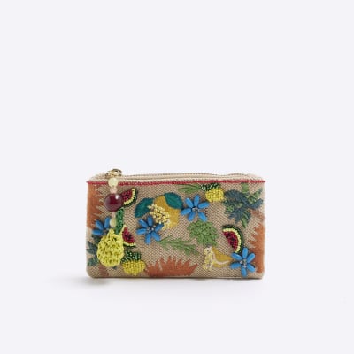 Beige Fruit Beaded Pouch