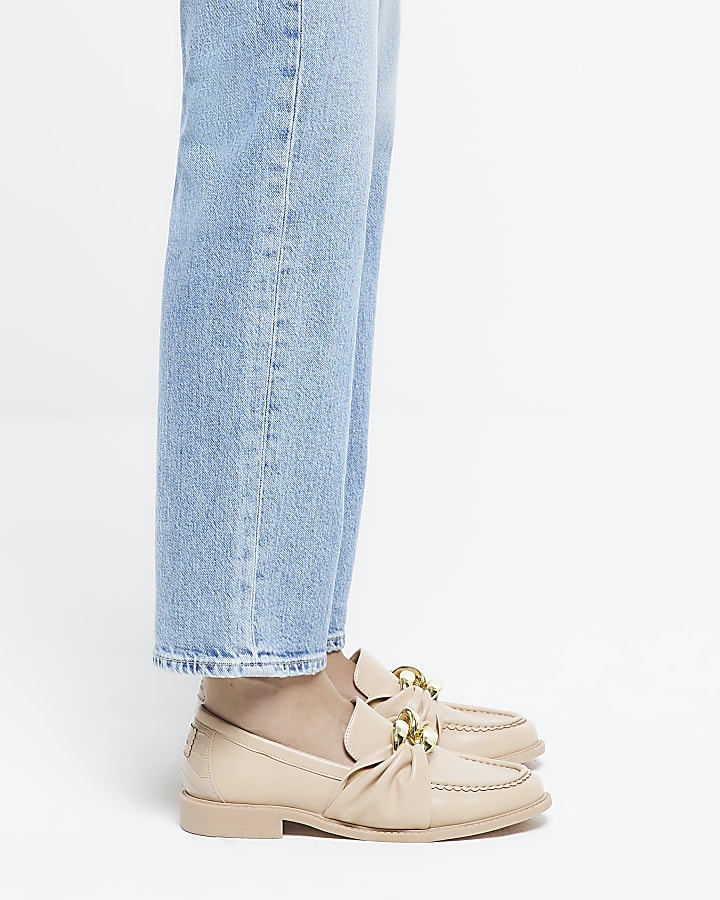 Beige gold chain detail loafers