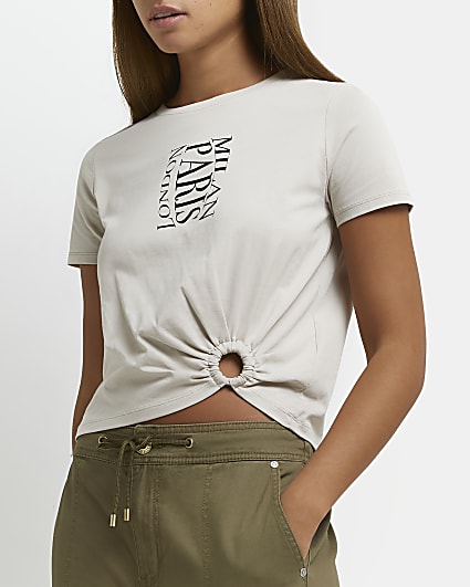 Beige graphic cut out t-shirt