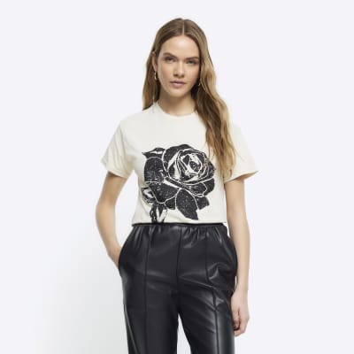 Beige graphic rose t-shirt | River Island